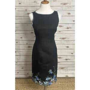 Vintage Talbots black/multicolored embroidered floral linen sheath dress Size 8